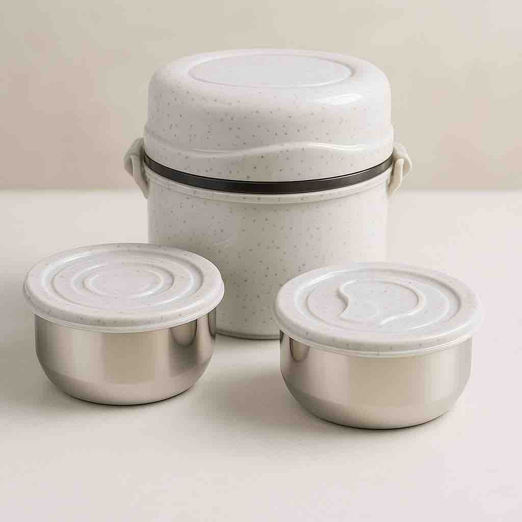 Mega Farari Steel Lunch Box Set, 1-Tier Stainless Steel Containers, White Speckled Lids